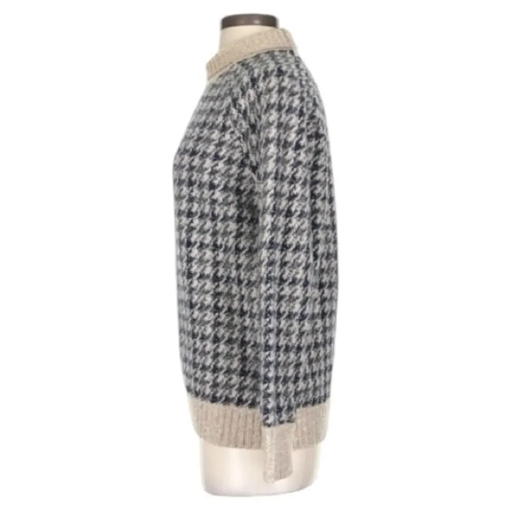 Theory Wool Houndstooth Luxury Beige Gray Mock Neck Crewneck Sweater Petite P